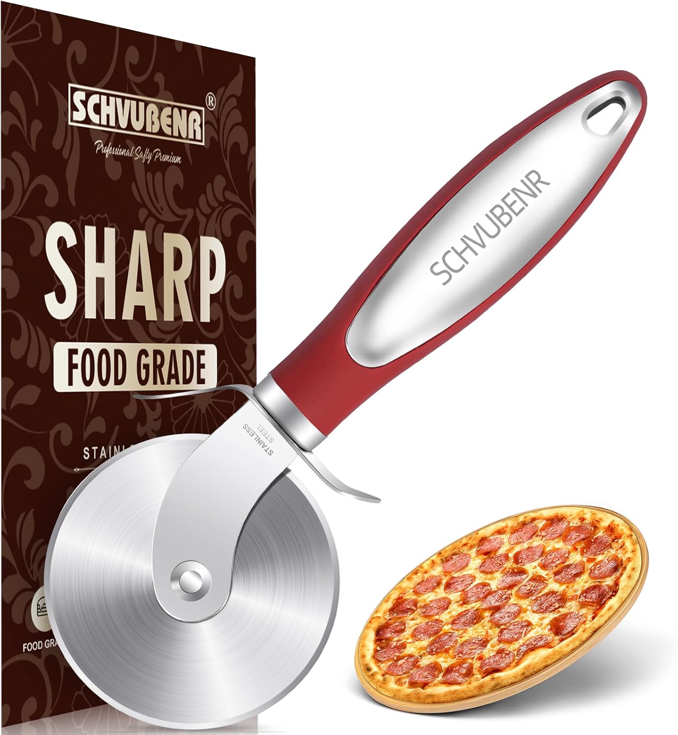 SCHVUBENR Premium Pizza Cutter Wheel - Ultra Sharp Stainless Steel Pizza Slicer with Non-Slip Soft Grip Handle - Multi-Purpose Cutter for Pizza, Dough & Pastry - Dishwasher Safe, Easy to Clean - Red