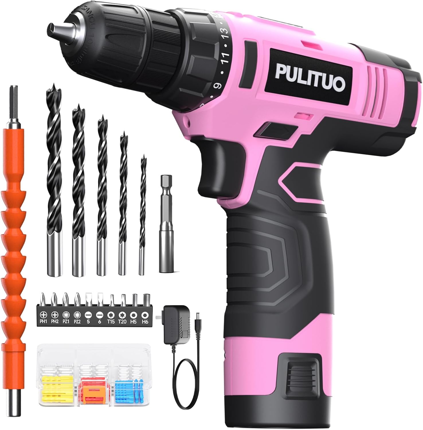 PULITUO 12V Pink Cordless Drill Set Power Drill Kit with Battery and Charger,electric drill home improvement,3/8-Inch Keyless Chuck,Built-in LED,21+1 Torque Setting small drill