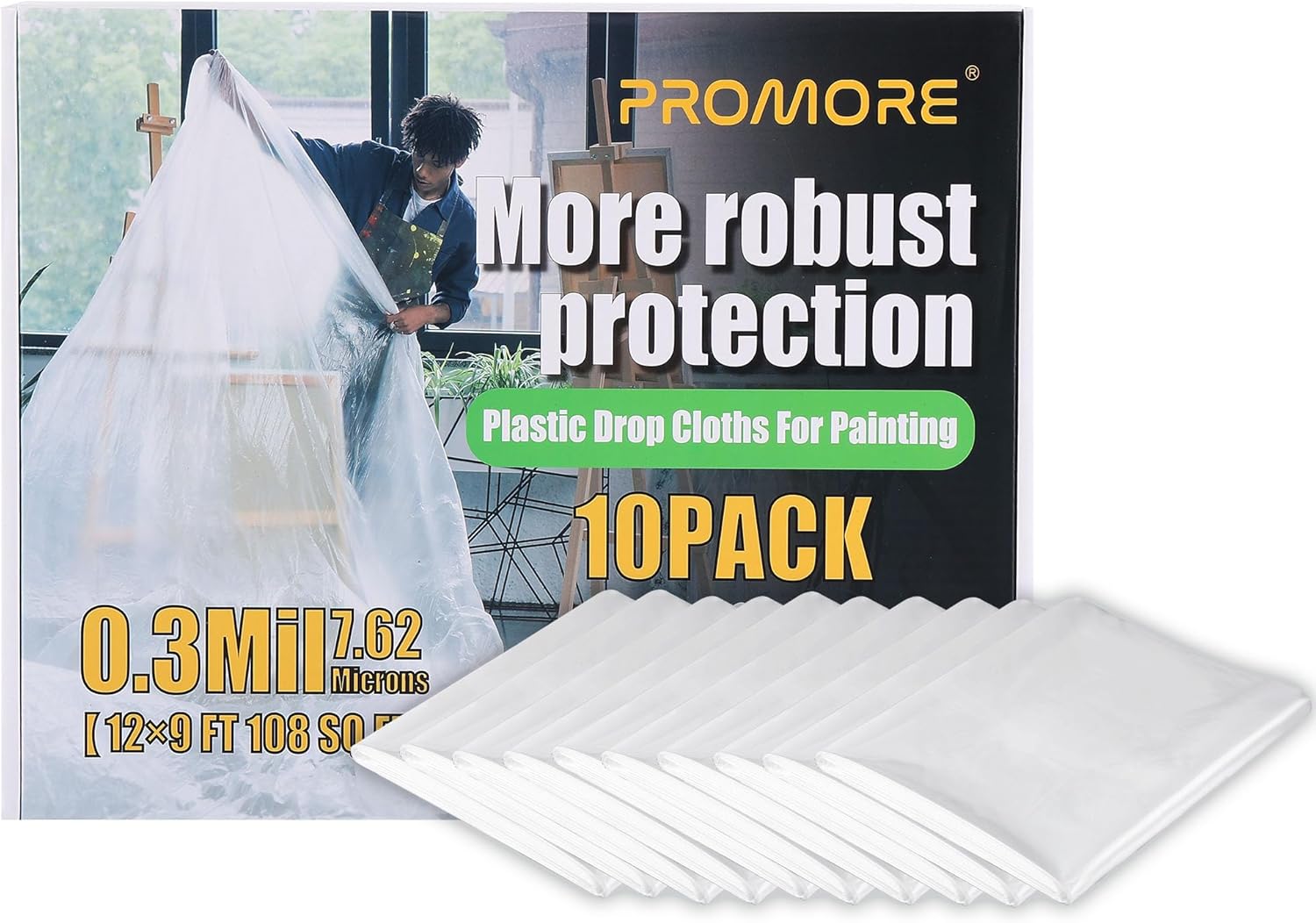 ROMORE 10 Packs Plastic Dust Cover Sheet for Decorating 3.66 x 2.74m Polythene Sheeting Painting Decorating Furniture Floor Carpets Protection,Proof Waterproof Painter Drop Cloth