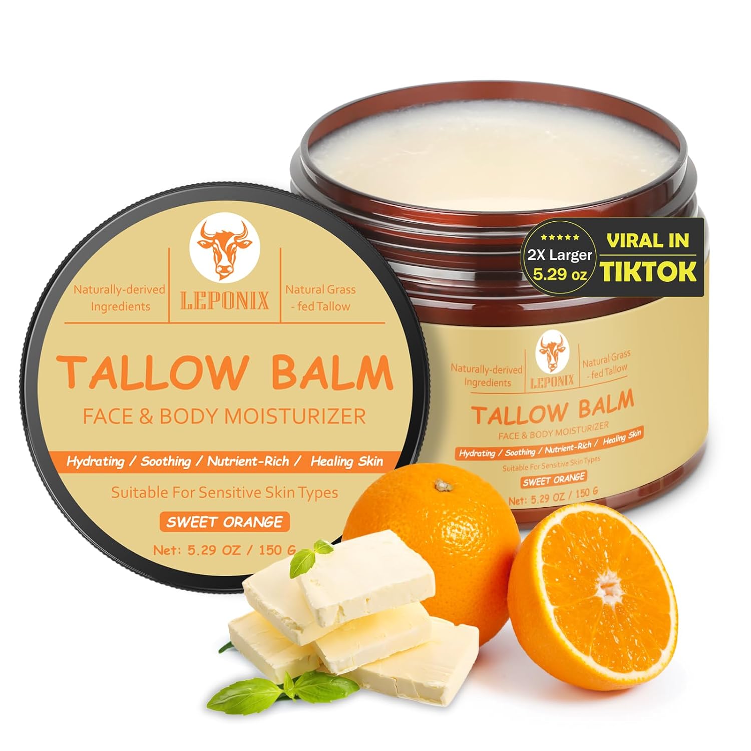 Beef Tallow for Face (5.29 Oz) | 100% Grass-Fed Beef Tallow Balm for Dry & Sensitive Skin - Organic Beef Tallow for Skin - Tallow Face Moisturizer - Deep Hydration & Soothing Relief (Sweet Orange)