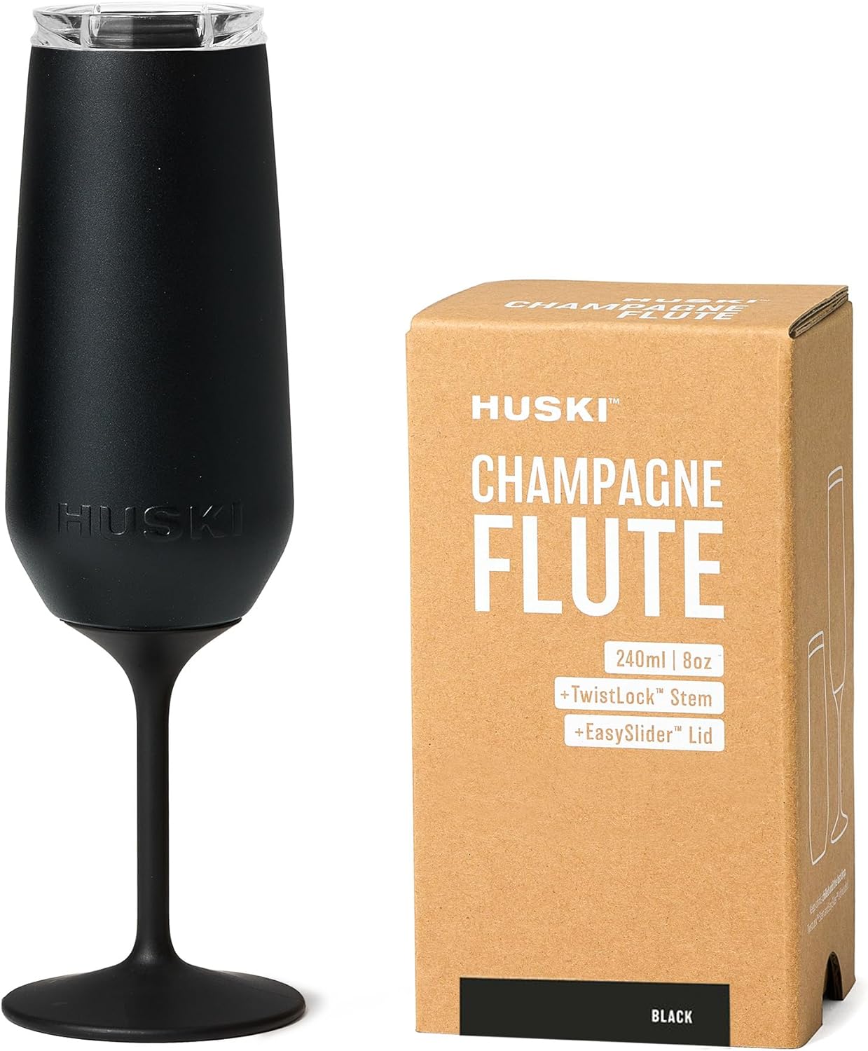 Huski Champagne Flute | New | Award-Winning Design with Detachable Stem | Premium Stainless Steel Champagne Glass with Lid | Triple Insulated Tumbler | 240ml Capacity | Great Gift (Black)