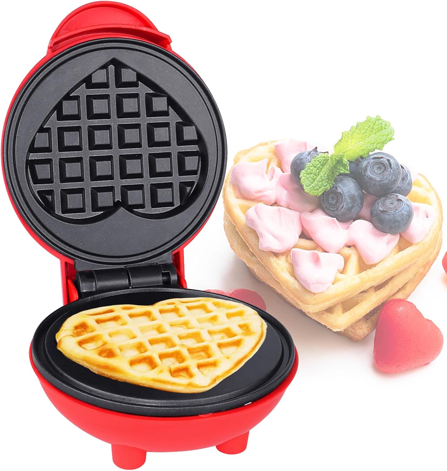 Yeelua Mini Heart Waffle Maker, 4'' Non Stick Cooking Plates with Fast & Even Heating, Electric Mini Pancake Maker with Power/Ready Indicator Lights(Red)