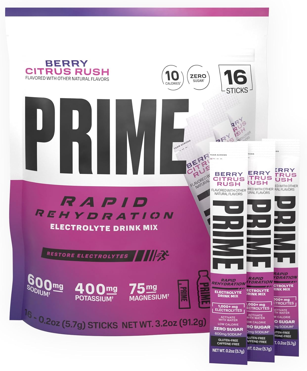 Prime Rapid Rehydration Electrolyte Powder Sticks, Berry Citrus Rush, Sugar Free Hydration Drink Mix with Sodium, Potassium & B Vitamins, Caffeine Free, 16 Count