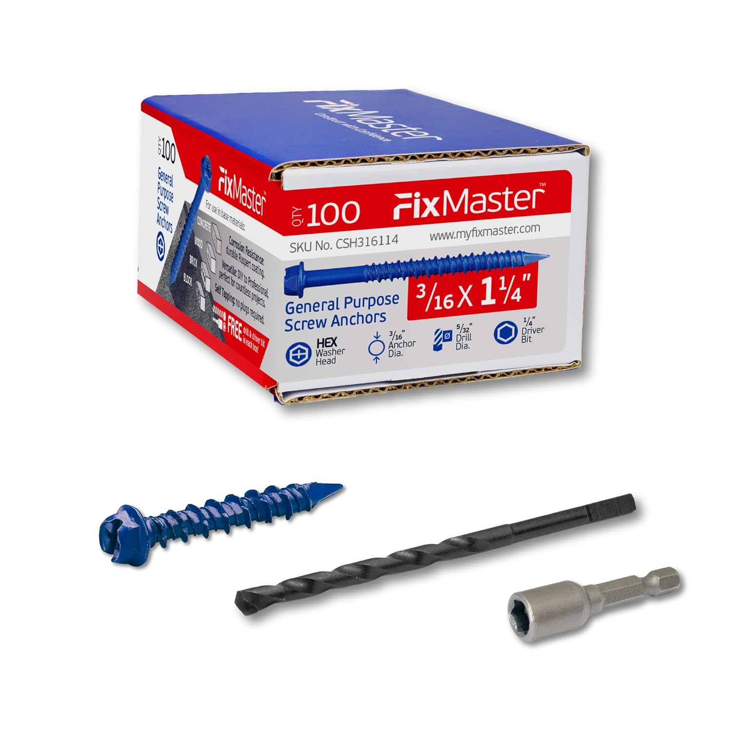 3/16 x 1-1/4" Hex Head Blue Concrete Screw Anchors (100 pcs Screw Kit) with one Screwdriver and Drill Bit for Concrete, Masonry, Block, Brick and Wood Fastening