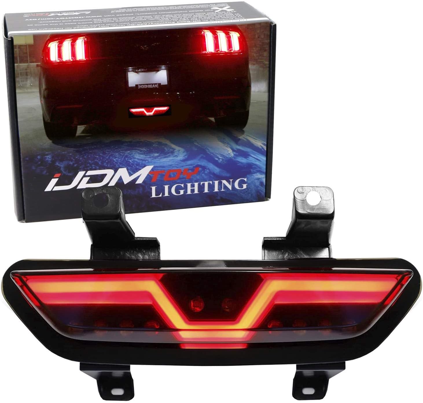 iJDMTOY Smoked Lens LED Rear Foglamp Compatible With 2015-2017 Ford Mustang, Full Red LED Tail Light Assembly Functions as Reverse Light & Rear Fog Light