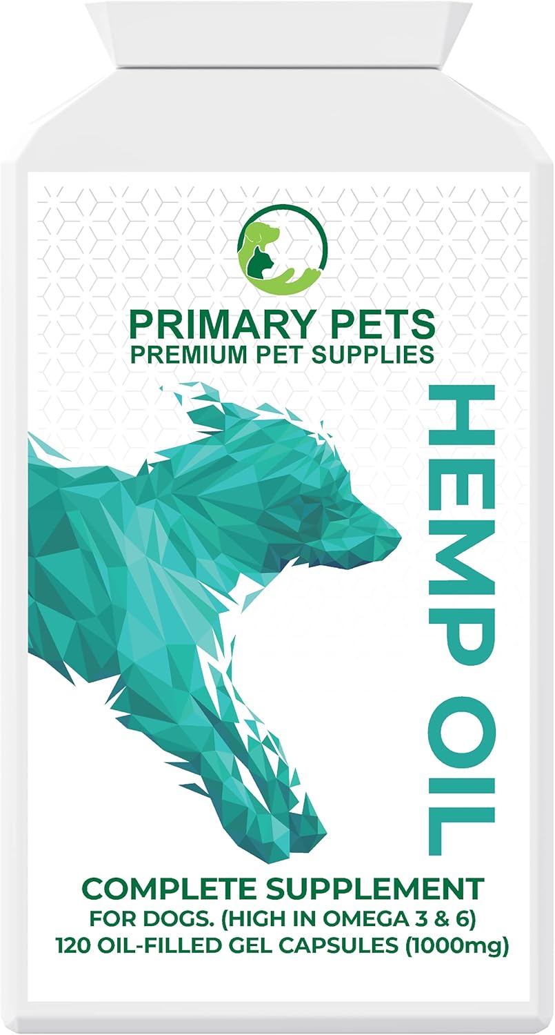 Primary Pets Premium Pet Supplies Hemp Oil for Dogs, 100% Natural Hemp Seed Oil, Calming 120 x 1000mg Soft Gel Capsules, Rich in Omega 3 & 6 Fatty Acids, Hip & Joint Support