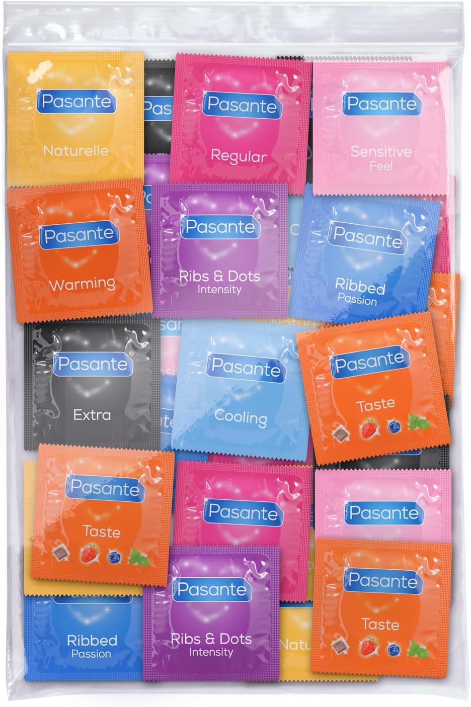 Pasante Condoms Variety Pack - Mix of 50 | The Mixed Pack Contains: Flavoured, Ribbed, Thin, Extra and More Condoms