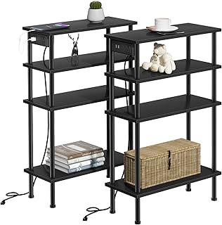 Narrow Side Table with Charging Station, 4 Tier Small End Tables Set of 2 with USB Ports and Outlets, Slim Nightstands for Small Spaces, Skinny Bedside Table for Living Room, Bedroom, Black