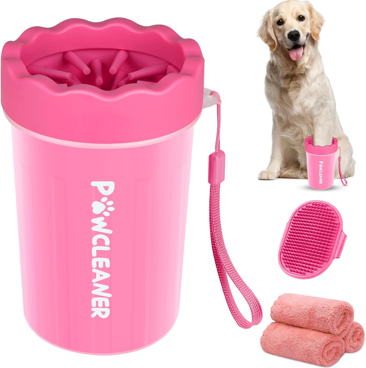 Comotech Dog Paw Cleaner, Pet Foot Washer - Quickly Clean a Muddy Paw, Soft Silicone Bristles, Suitable for Small, Medium, Large Breed Dogs, Pink (with 3 Absorbent Towel)