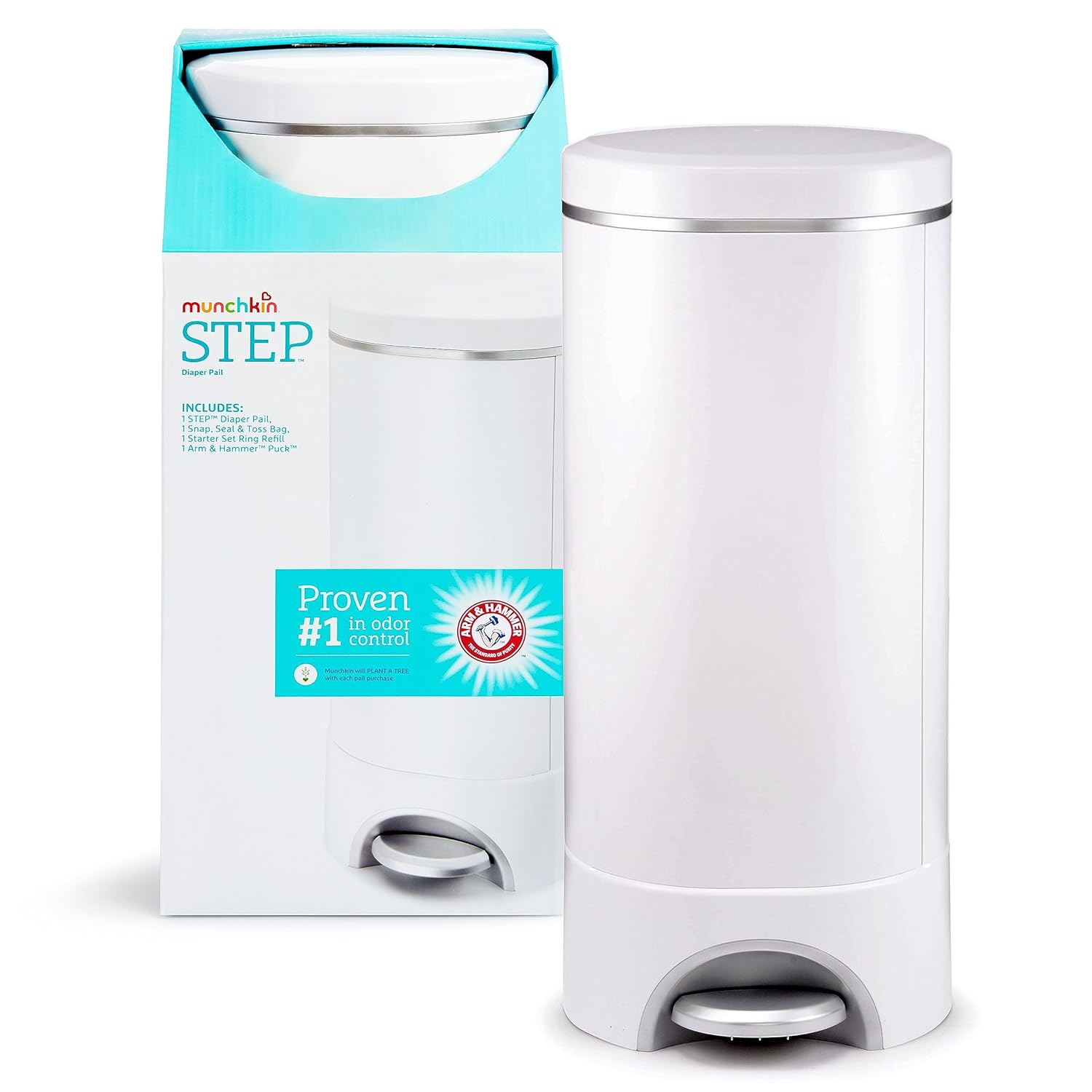 Munchkin® STEP™ Diaper Pail Powered by Arm & Hammer, #1 in Odor Control, Award-Winning, Includes 1 Snap, Seal & Toss™ Bag, 1 Starter Refill Ring, and 1 PUCK™ Baking Soda Cartridge