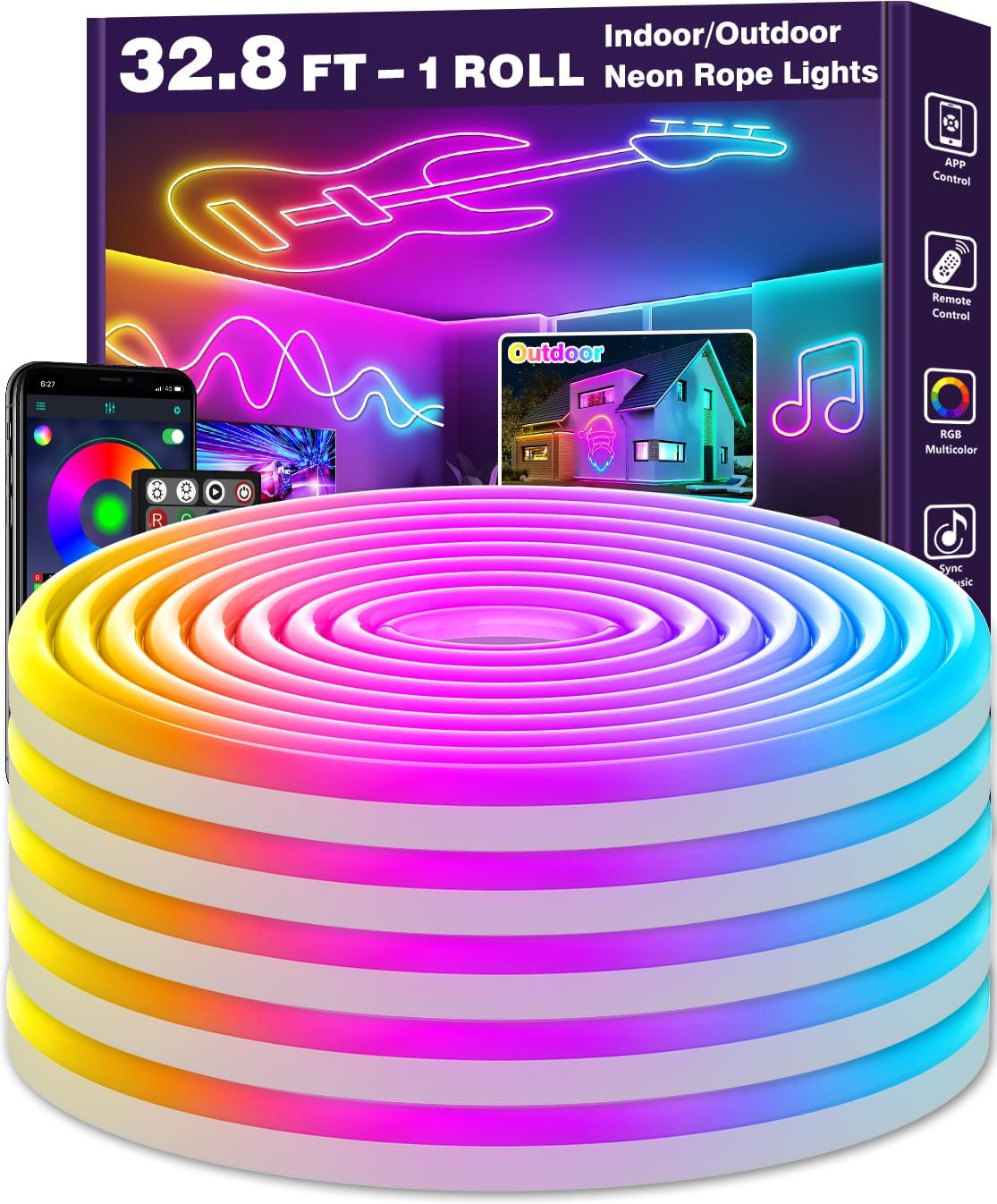 32.8Ft Neon Rope Lights,Flexible Led Rope Lights Control with App/Remote,Multiple Modes Rope Lights,IP65 Outdoor RGB Led Neon Lights Waterproof,Music Sync Gaming Led Neon Light Strip for Bedroom Decor