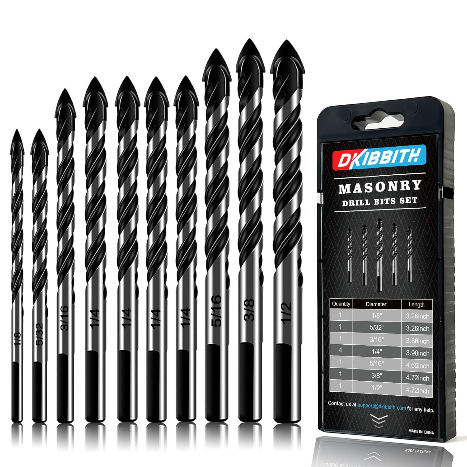 10-Piece Masonry Drill Bit Set for Concrete Tile Glass Ceramic Brick,1/8 to 1/2 Inch Drilling Bits with Triangle Handle,Tungsten Steel Alloy Tip.（Black）