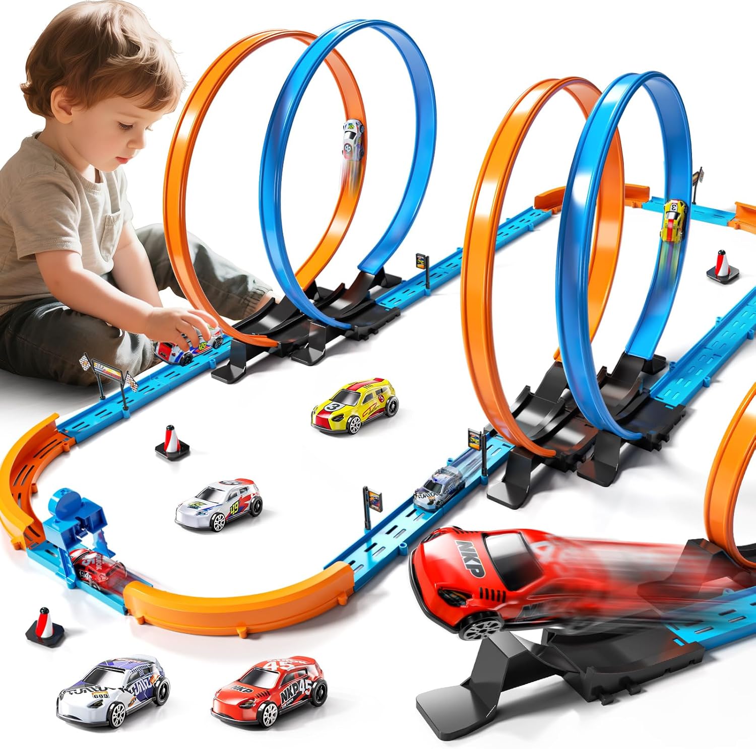 Car Race Track Sets for Kids 3 4 5 6 7 8 9 Years Old - Toy Car Track Set for Boys 3-5 6-8 8-12, Racing Game with 4 Small Cars, Boys Toy, Gifts for Boys Girls 3-8