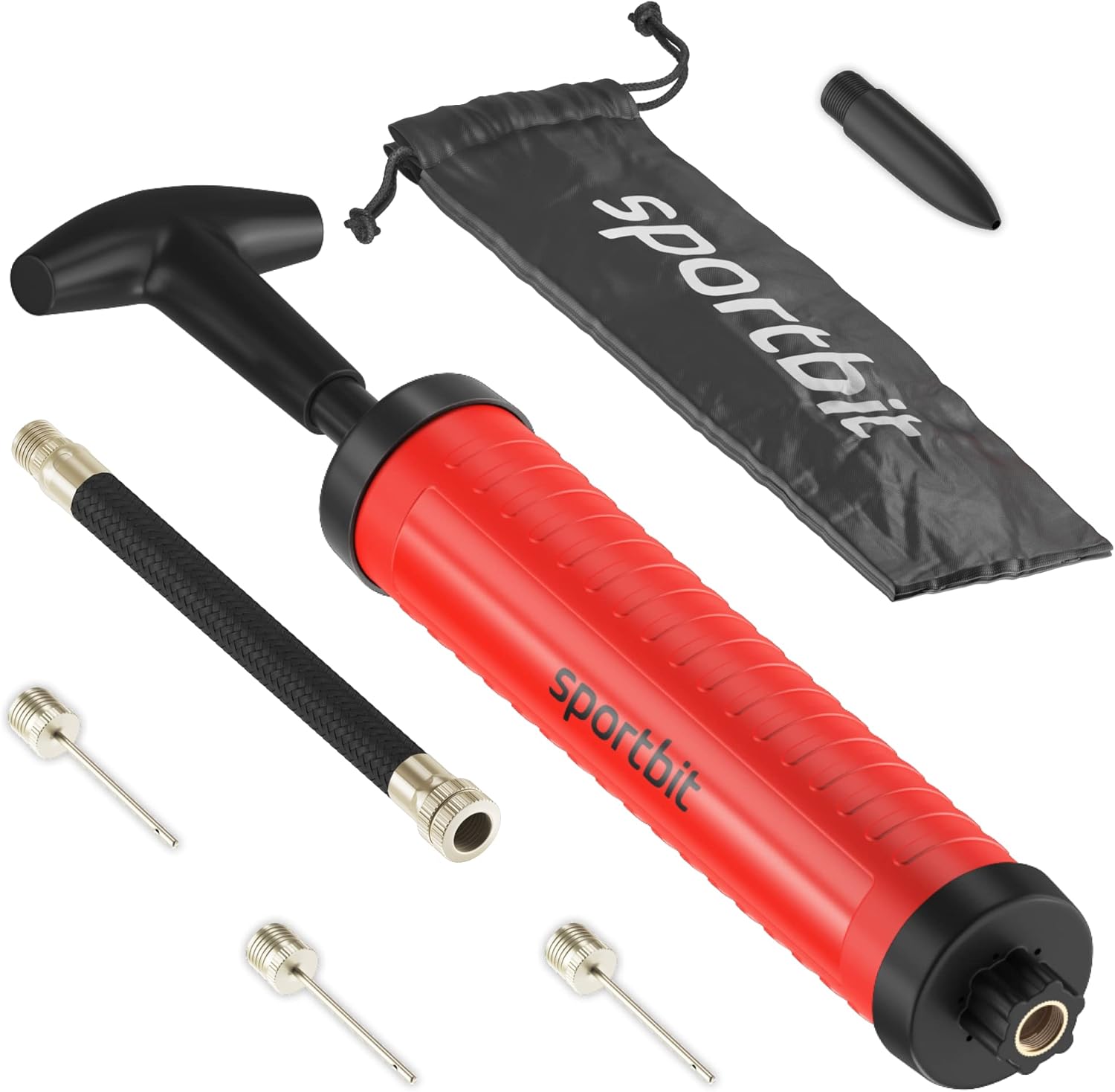 SPORTBIT Ballpump for Sports Balls - Basketball Pump for Sport Balls - Football & Soccer, Basketball, Volleyball Pump, Swim Inflatables - Hand Air Pump with 3 Needles, Nozzle, Extension Hose, Pouch