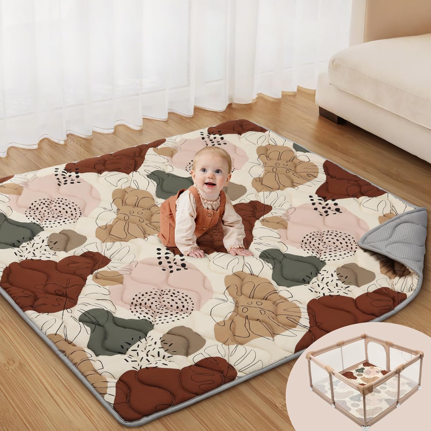 Blissful Diary Baby Play Mats for Floor, 50x50 Crawling Mat for Playpen, Thicken Soft Padding Foam Playmats for Babies and Toddlers Infants, Foldable and Machine Washable, Boho Design