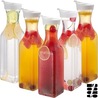 ASANMEYO 5-Pack 50 Oz Plastic Water Carafe Pitcher with Flip Top Lid, Square Base Juice Containers, Mimosa Bar Supplies Pitcher for Drinks, Water, Tea, Juice, Milk, Lemonade and Other Beverages
