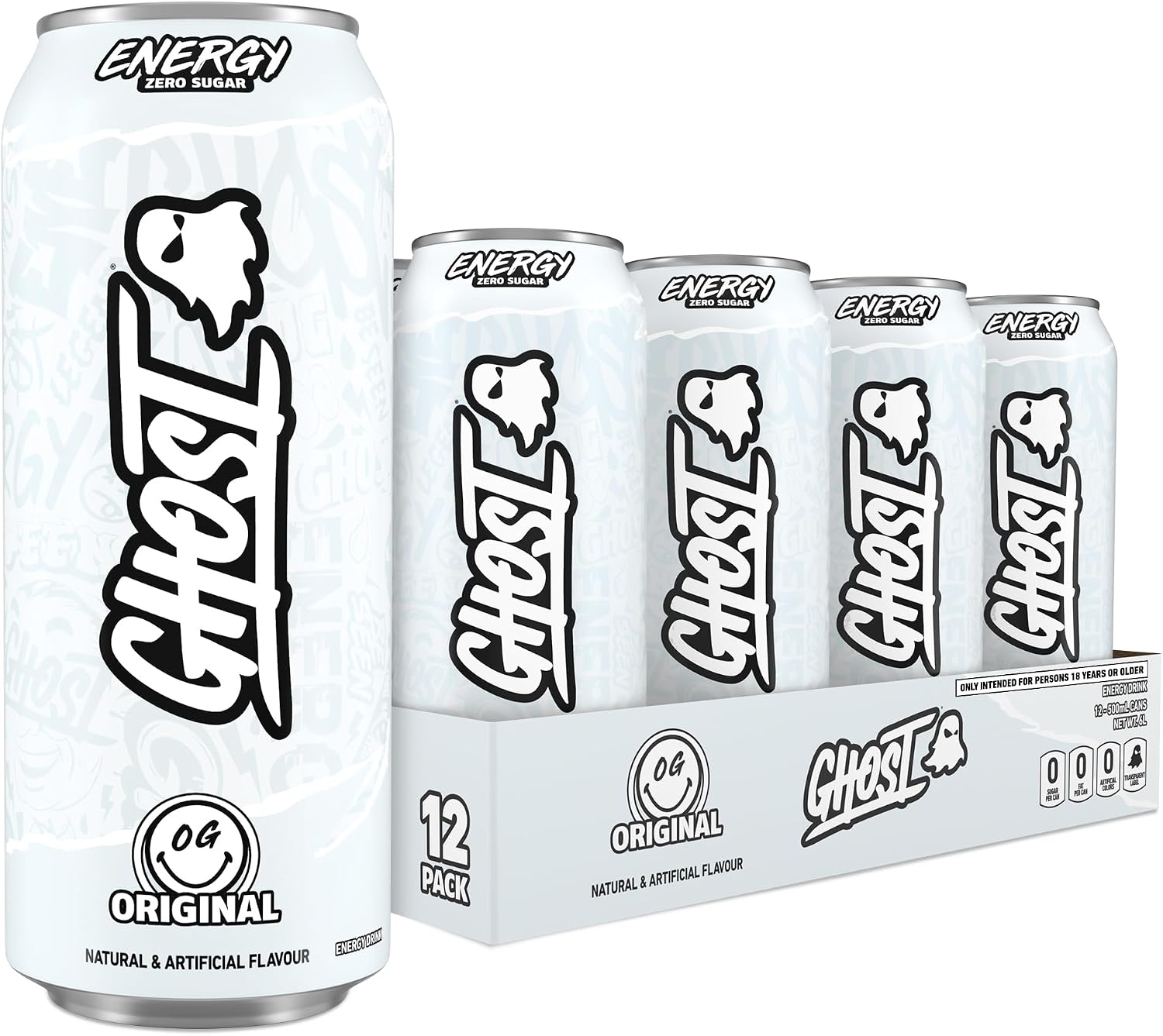 GHOST Sugar-Free Energy Drink - 12-Pack, Original Flavour, 500ml Cans - No Artificial Colours - 160mg Natural Caffeine, L-Carnitine & Taurine - Gluten-Free & Vegan Fizzy Drinks