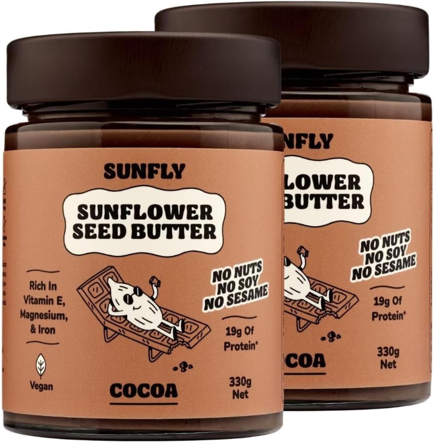 Protein Chocolate Spread from SUNFLY - Nut-Free, High-Protein Cocoa Spread from Sunflower Seeds - 70% Less Sugar - Palm Oil & Top 14 Allergen Free, Vegan - Rich in Vitamins & Minerals - 2 x 330g Jars