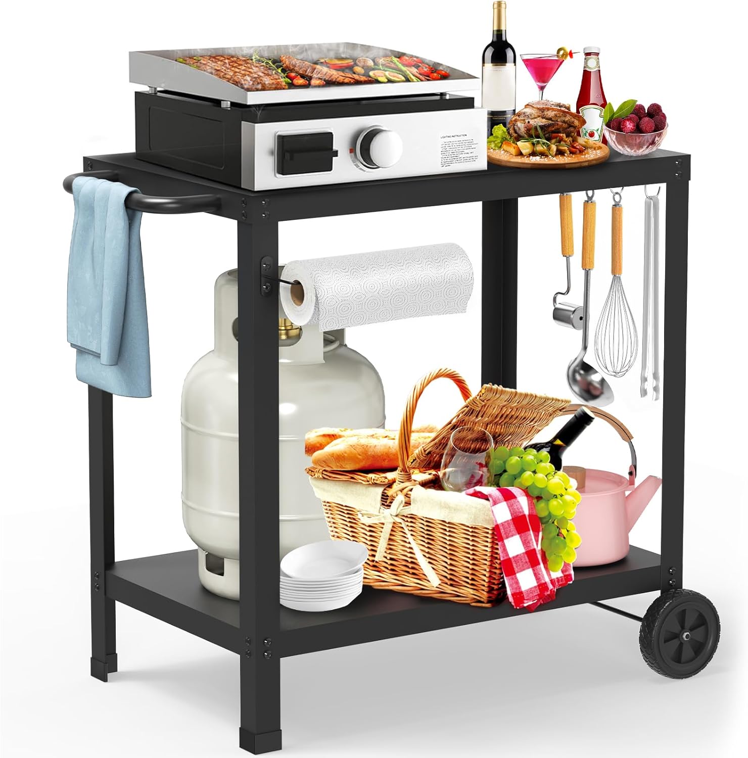 32x20IN Double-Shelves Grill Table, Outdoor Grill Cart for Blackstone Griddle, Movable Pizza Oven Table Cart for Outside Patio, Kitchen Cooking Food Prep Table for Party