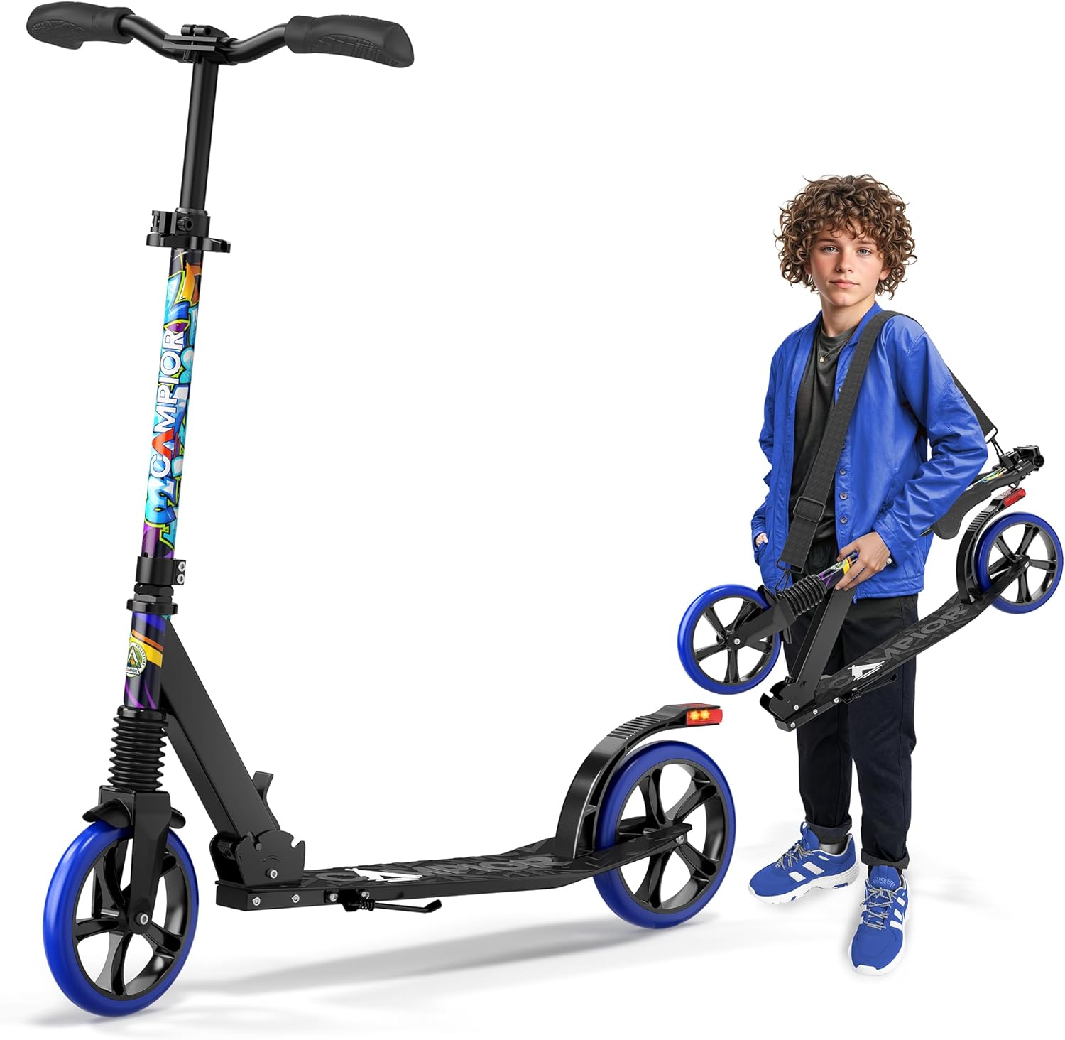 Kick Scooter for Ages 6+, for Kids, Teens, and Adults, Max Load 240 LBS, Foldable, 8-inch Big Wheels for Kids and Adults, with Kickstand, 3 Adjustable Levels, Child Safety Approved, Graffiti