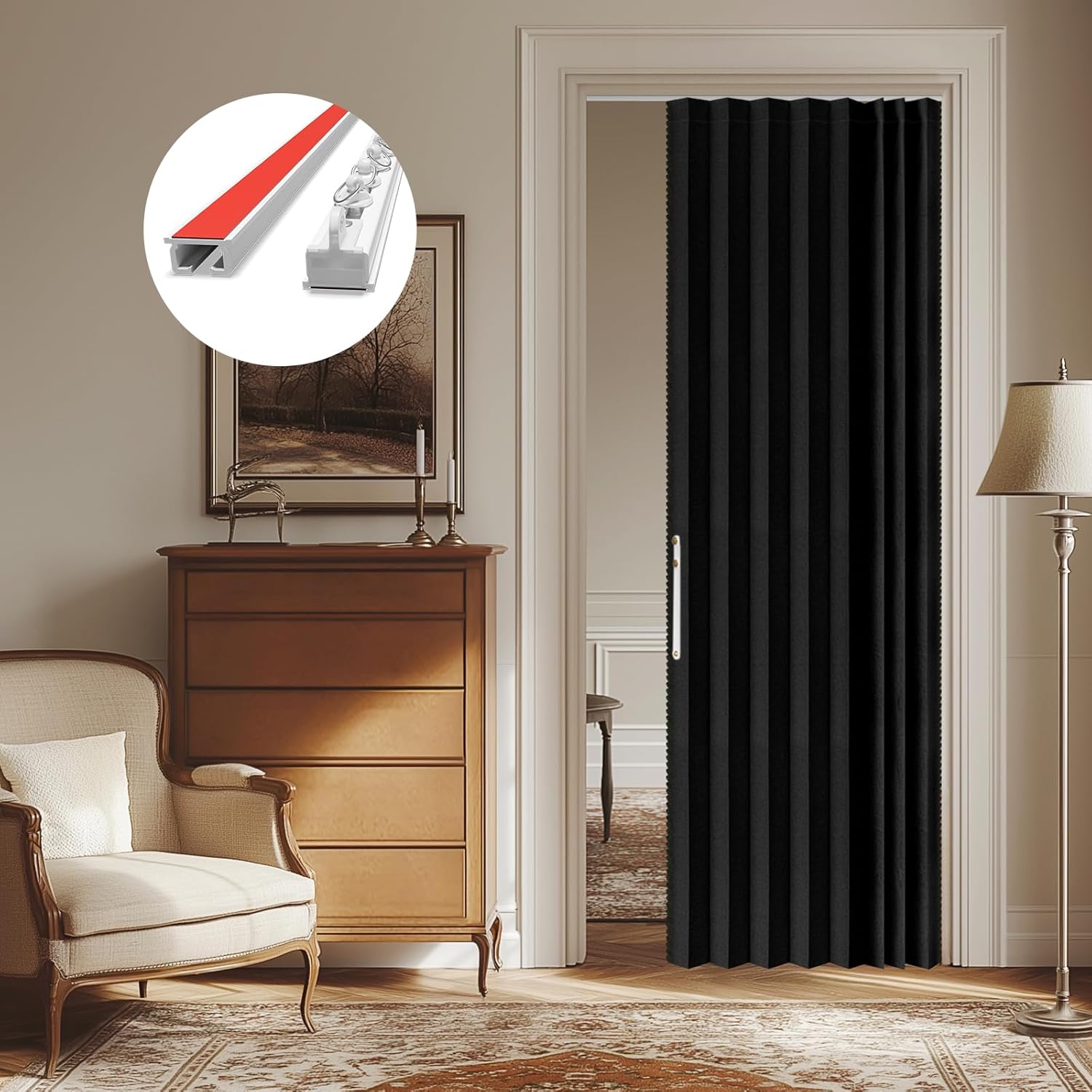100% Blackout Sliding Door Curtains for Doorways, Accordion Doors for Doorway, Magnetic Door Curtain for Bedroom Living Room Doorway Curtain Sets Included Tracks (1Panel, 43W x 79 L, Black)