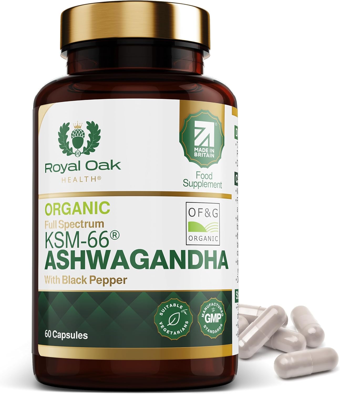 Organic High Concentration Full Spectrum KSM-66 ASHWAGANDHA with 5% Withanolides and Black Pepper, Made in Britain by Royal Oak Health, 60 Capsules