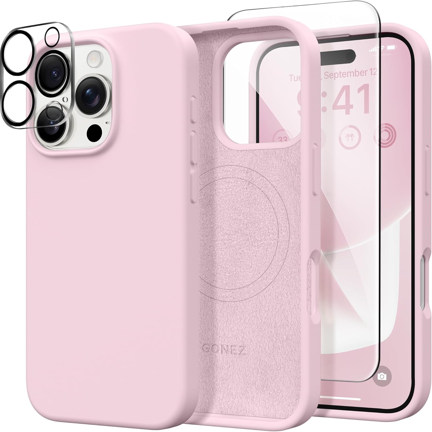 GONEZ Magnetic for iPhone 16 Pro Case, Compatible with MagSafe, [Screen Protector + Camera Lens Protector], Silicone Shockproof Anti-Scratch Protective Phone Case 6.3 inch, Pastel Pink