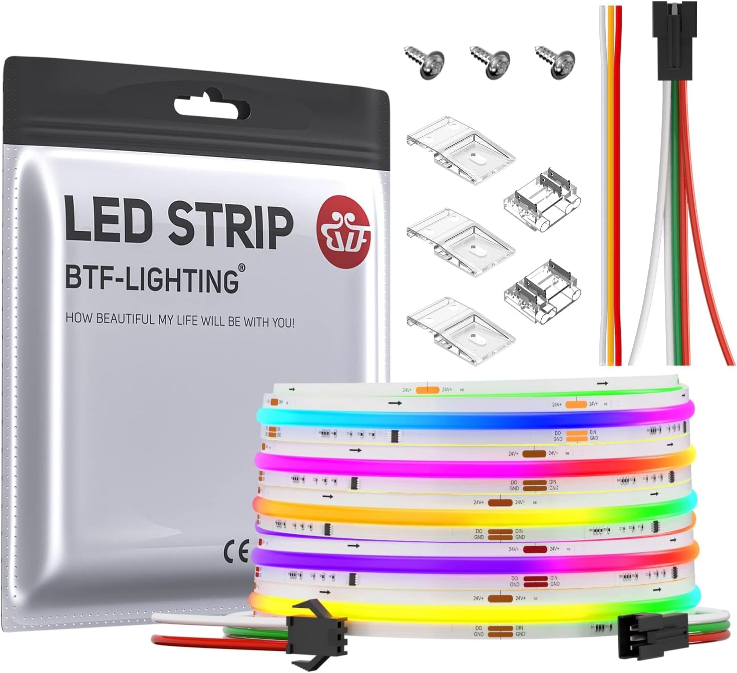 BTF-LIGHTING FCOB SPI RGB Flexible High Density LED Strip COB WS2811 IC LED Strip 5M 630LEDs/m DC24V White PCB IP30 Chasing Colour(Without Controller and Power Supply)