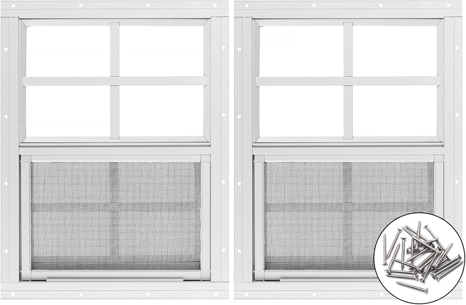 2 Pack Shed Window 12" W x 16" H, White Flush Mount Window with Tempered Glass and Removable Screen for Playhouses, Sheds, Garage and Chicken Coops