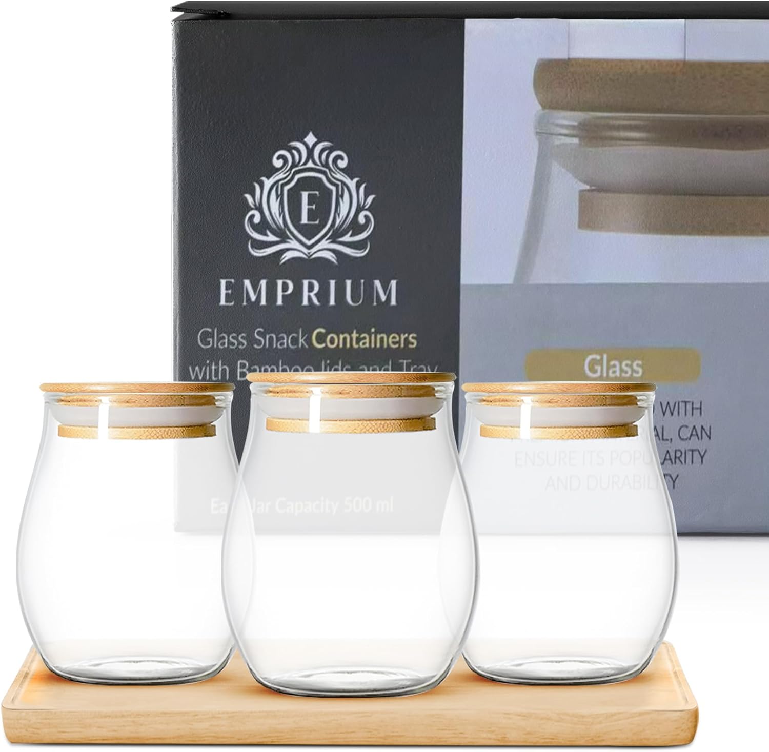 Set of 3 Tea Coffee Sugar Spices Canisters – 500ml Premium Glass Jars with Unique Bamboo Lids Bamboo tray – Airtight Tea, Coffee, and Sugar Containers Set – Elegant & Durable Kitchen Canisters