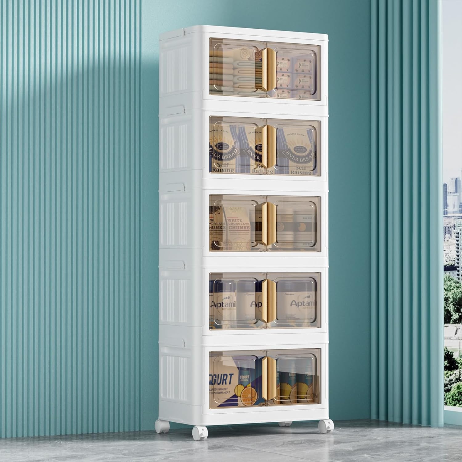 Storage Bins with Lids - 5-Tier Closet Organizer Stackable Bathroom & Bedroom Boxes, Space-Saving Water-Resistant Storage Box with Handles & Wheels for Toilet, Dorm, Home Organization