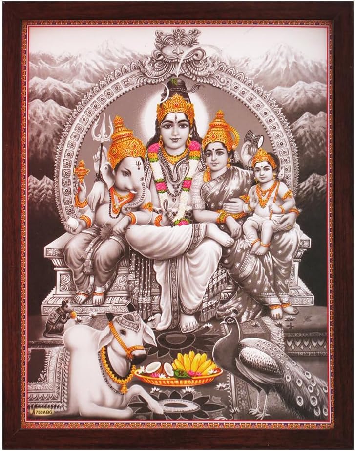 SANVIKA Lord Shiva Wall Poster, Indian God Wall Decor, Shiv Parvati Photo Framed For Home/Office, Hindu God Photos With Frames, (Shiva With His Whole Family, 12" x 9")