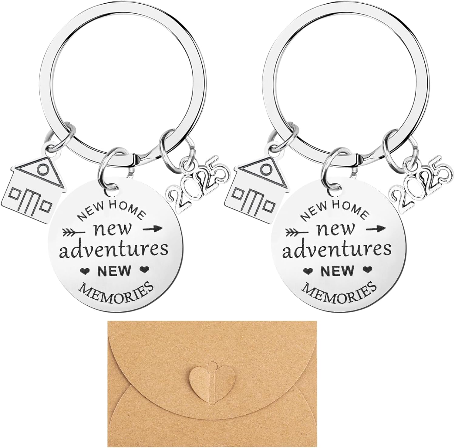 Leikedun 2pcs New Home Keychains 2025 Sweet Home Keyring New Adventures Keyring, House Warming Gifts for Couple With Envelope, Home Owner Key Ring