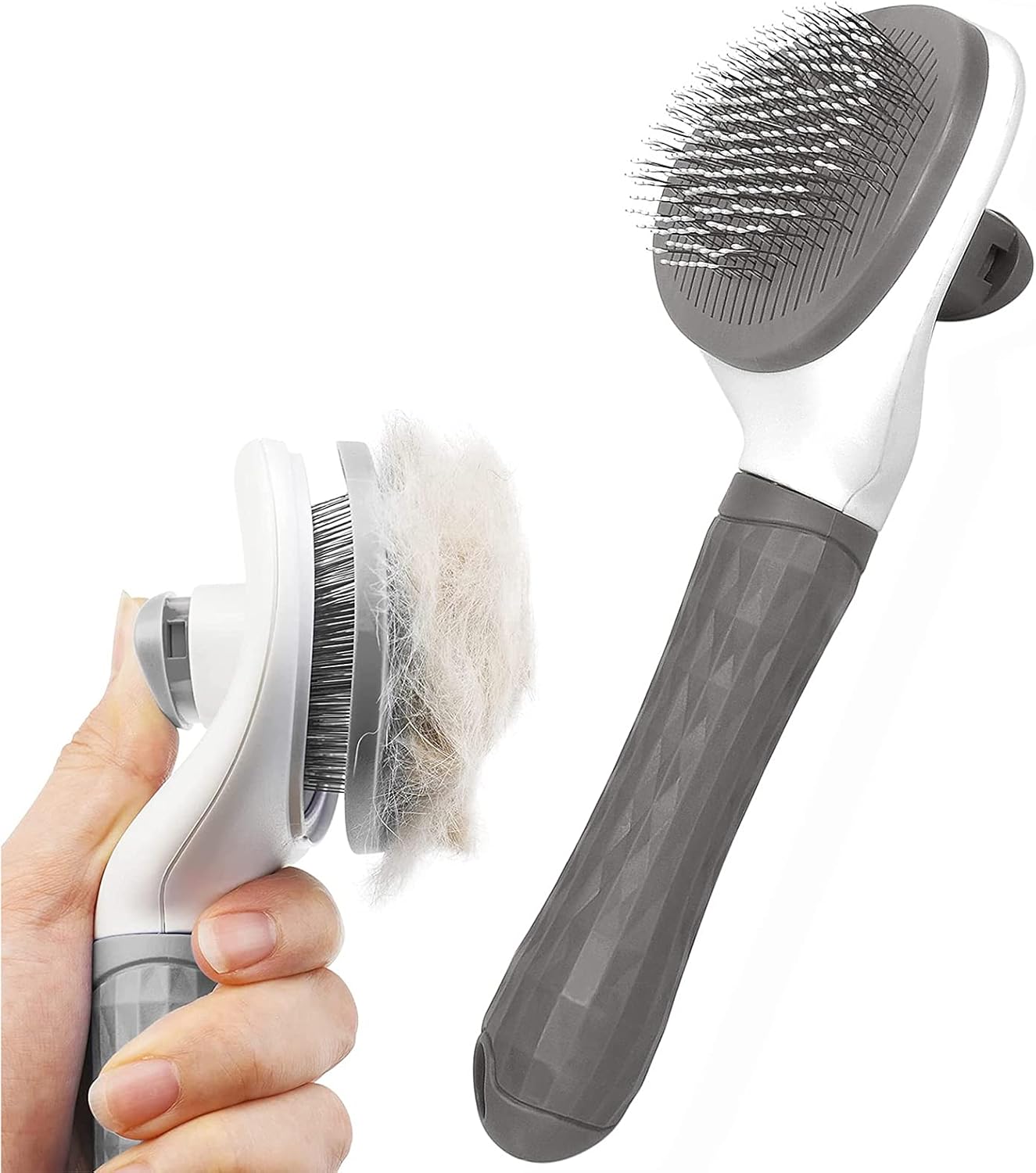Dog/Cat Brush Grooming Comb,Self Cleaning Slicker Brushes with Smooth handle,Pet Grooming Tool with Cleaning Button for Cat Dog Shedding Tools Massage Clean Tangled Brush(Grey)