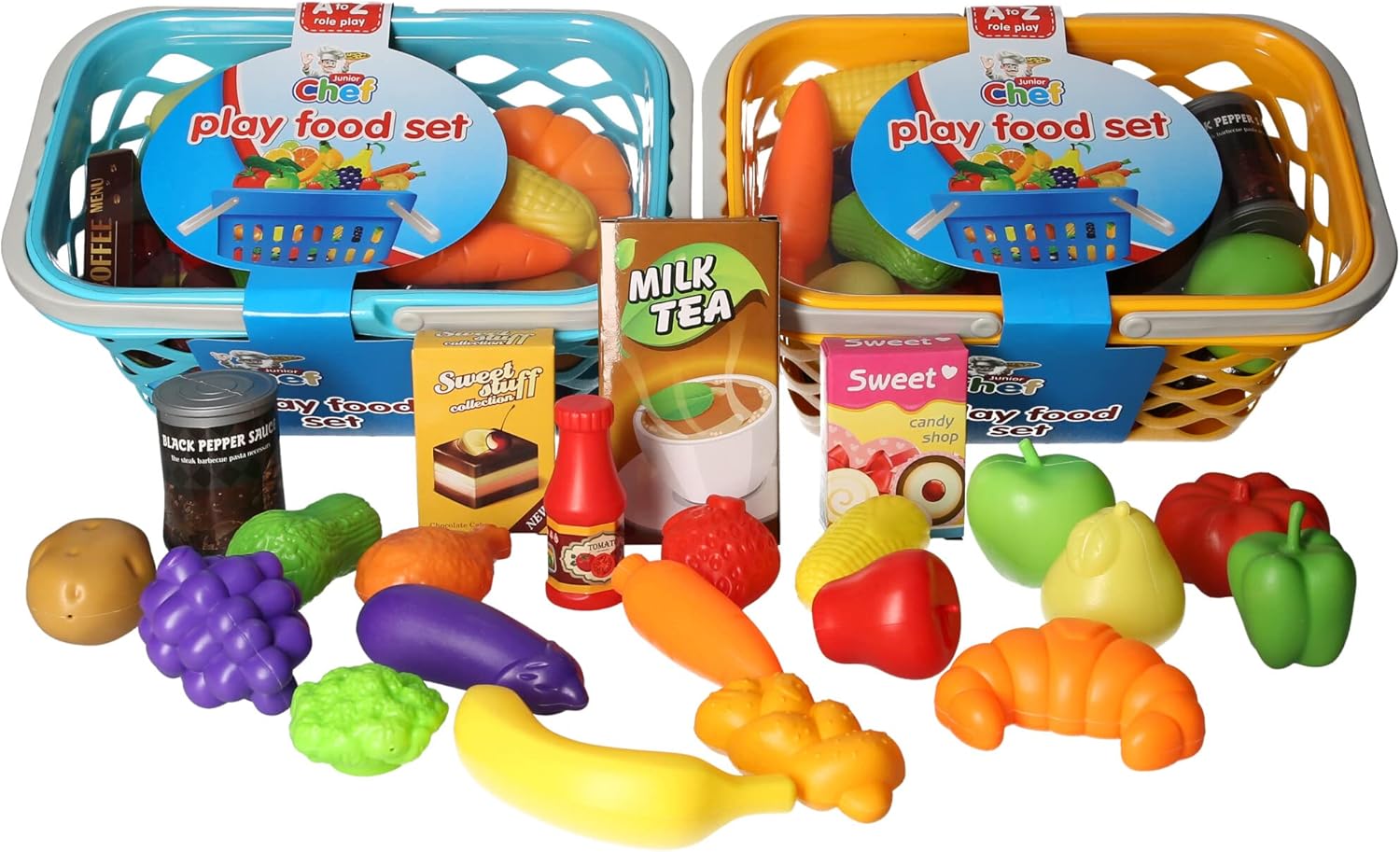 Kids Play Food Set with Shopping Baskets Age 3+, 20+ Pieces, Fruits Vegetables and Groceries, Educational Pretend Kitchen Toys