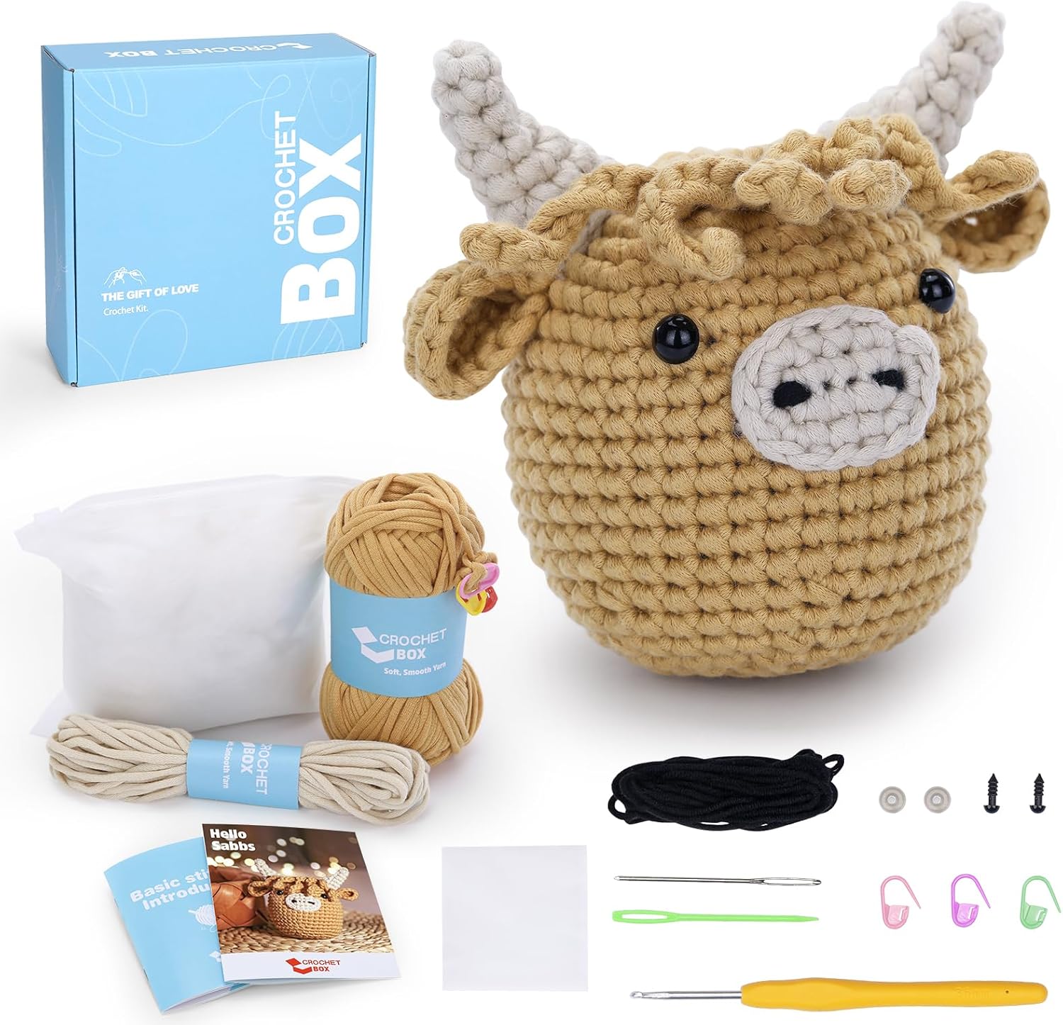 Crochet Box Complete Crochet Kit for Beginners - Highland Cow Crochet Kit, Include Video Tutorial, Instruction, Soft Yarn, Birthday Gift for Adults.