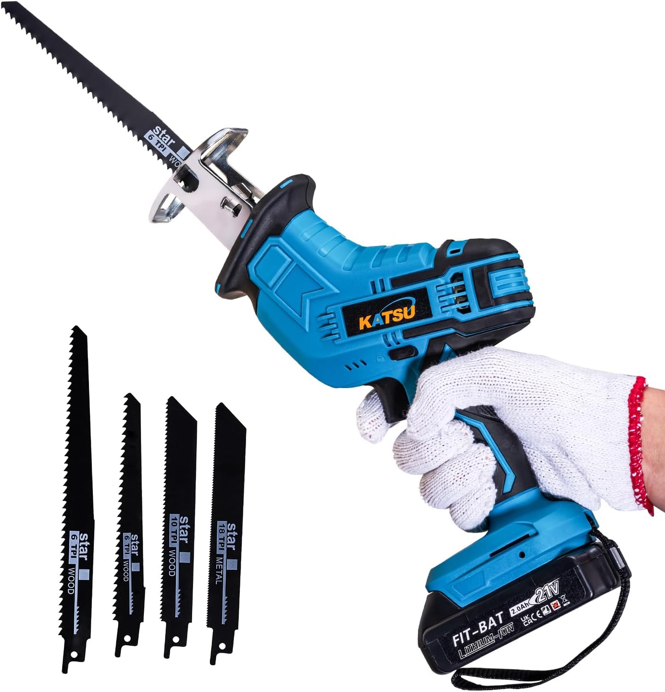 KATSU FIT-BAT Cordless Reciprocating Saw 21V with 2.0Ah Li-ion Battery and Charger, Battery Powered Mini Pruning Reciprocating Saw, 4pcs Blades Included