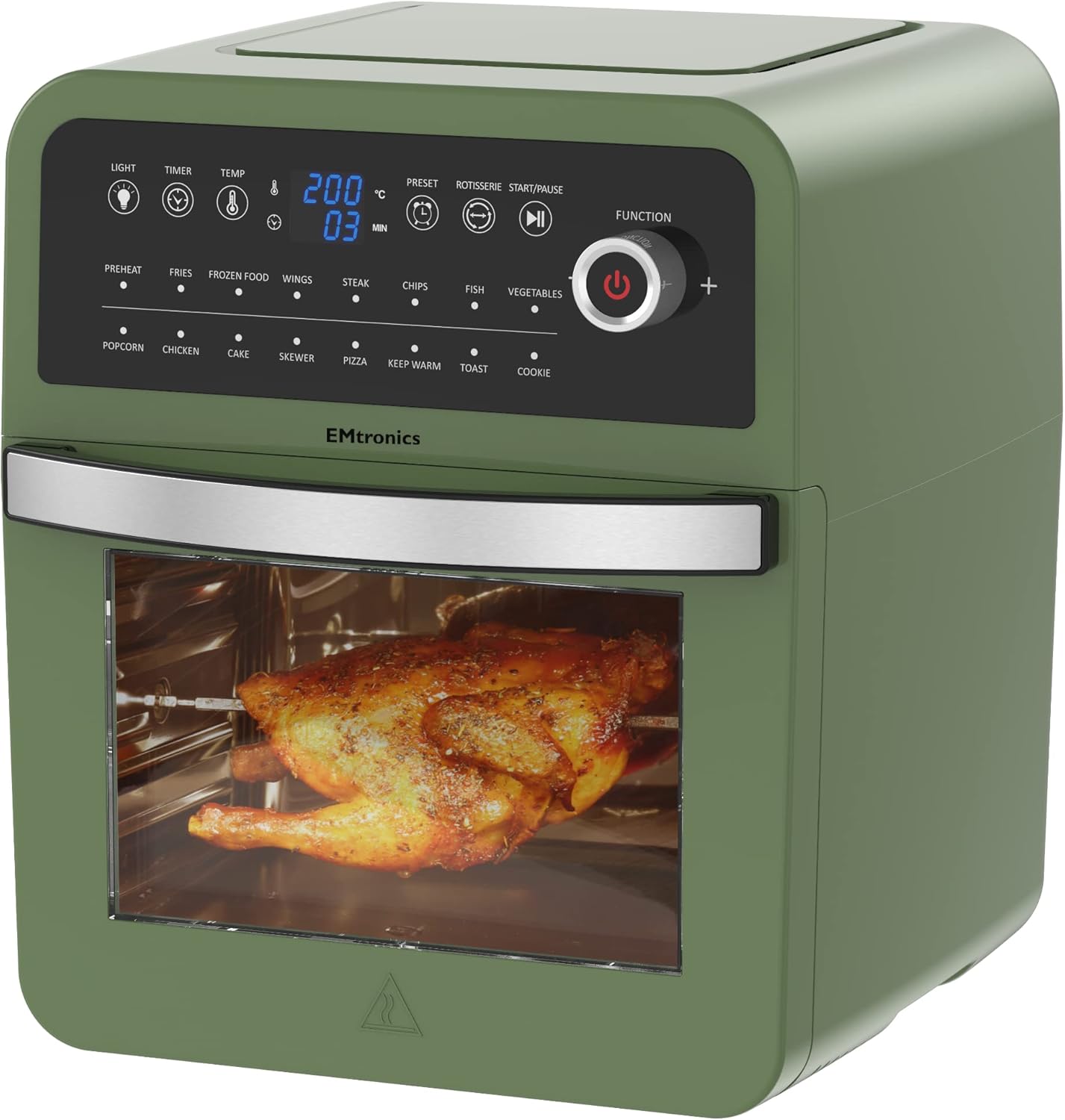 EMtronics Retro Air Fryer Oven Combi, Rotisserie and Grill, Large Family Size 12L with 16 Pre-Set Menus for Oil Free Cooking – Sage Green