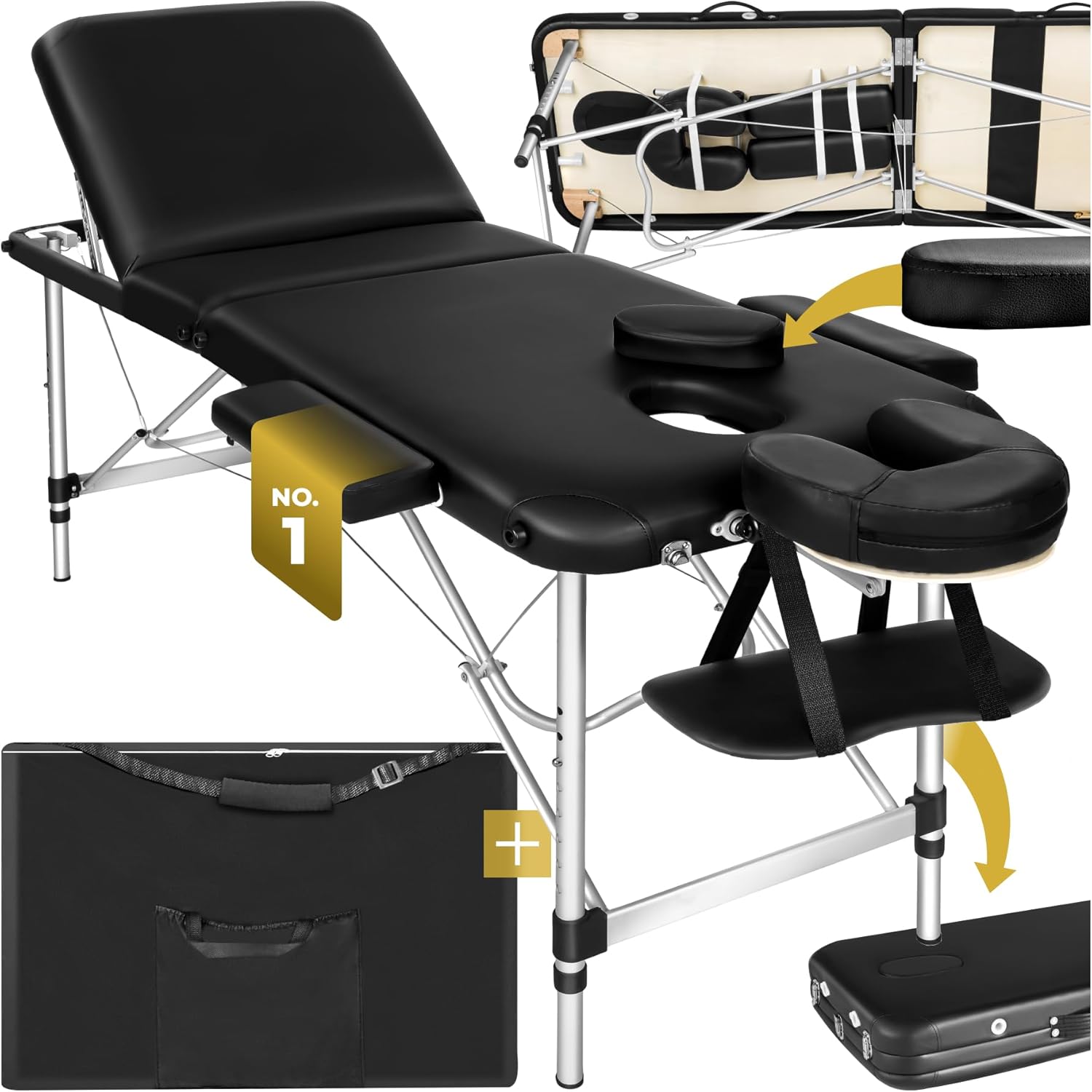 TecTake® Lightweight Portable Massage Table, Comfortable 3 section Padded Folding Spa Bed, adjustable massage bed including accessories, aluminium headrest, armrest and storage bag - Black