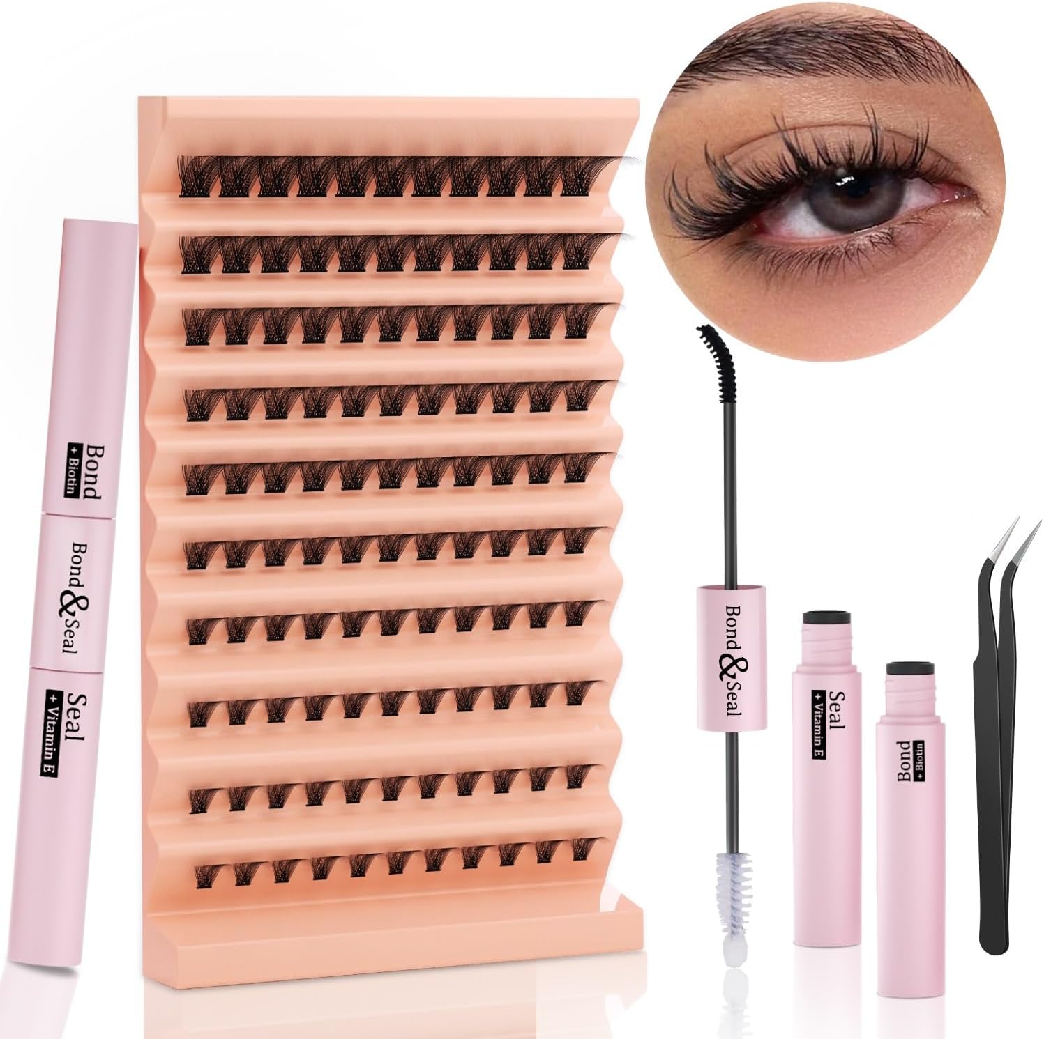 Lash Extension Kit - 110pcs 8-16mm D Curl False Eyelash Clusters, Bond & Seal Glue, Curved Tweezer, Beginner DIY Lash Tool Set