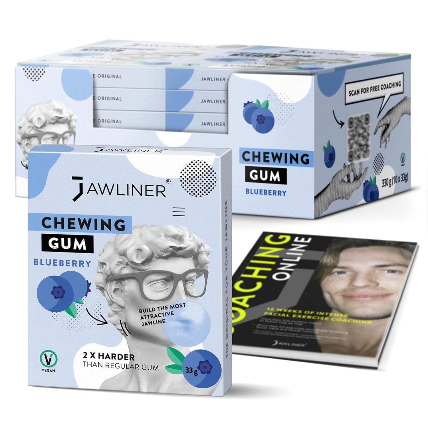 Jawliner® Hard Jawline Chewing Gum - Sugar Free Blueberry Tough Jaw Gum - Jaw Exerciser Strong Mewing Jawline Mistic Gum - 2x Harder than Regular Chewing Gum 330 Grams (120 Strips)