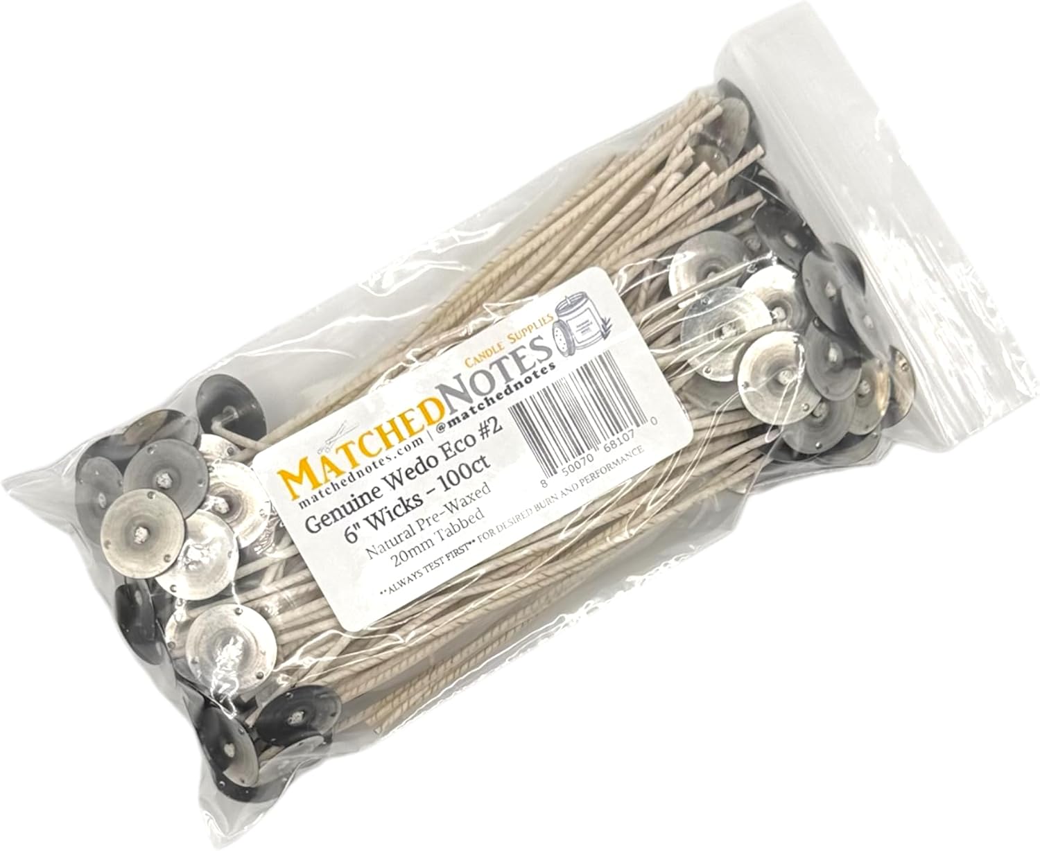 100ct Genuine Eco 2 Candle Wicks - 6" Length - 20mm Wick Tab - Natural Wax Coating - Top Selling Wick