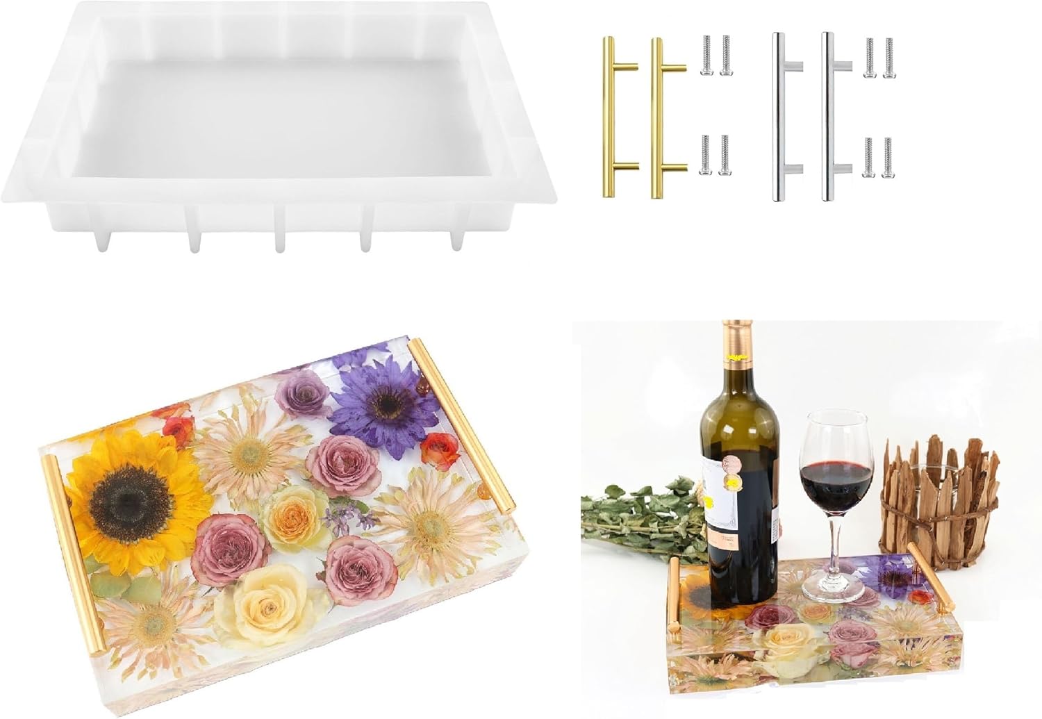 Resin Tray Molds Silicone, 13.5" Large Rectangle Deep Tray Resin Mold & Gold and Silver Handle, Shiny Silicone Tray Board Table Mold for Resin, Floral Preservation Bouquet Resin Mold