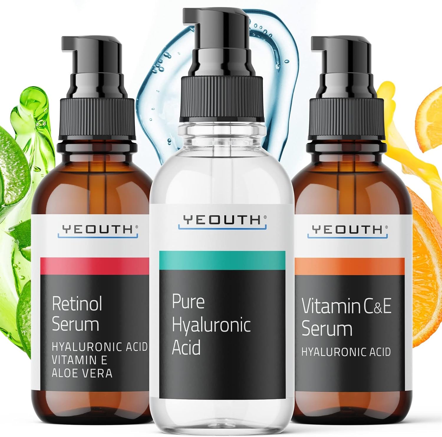 YEOUTH Hyaluronic Acid Serum for Face, Retinol Serum for Face and Vitamin C, Hydrating Skin Care Set Targets Appearance of Uneven Skin Tone and Dryness 3x30 ml