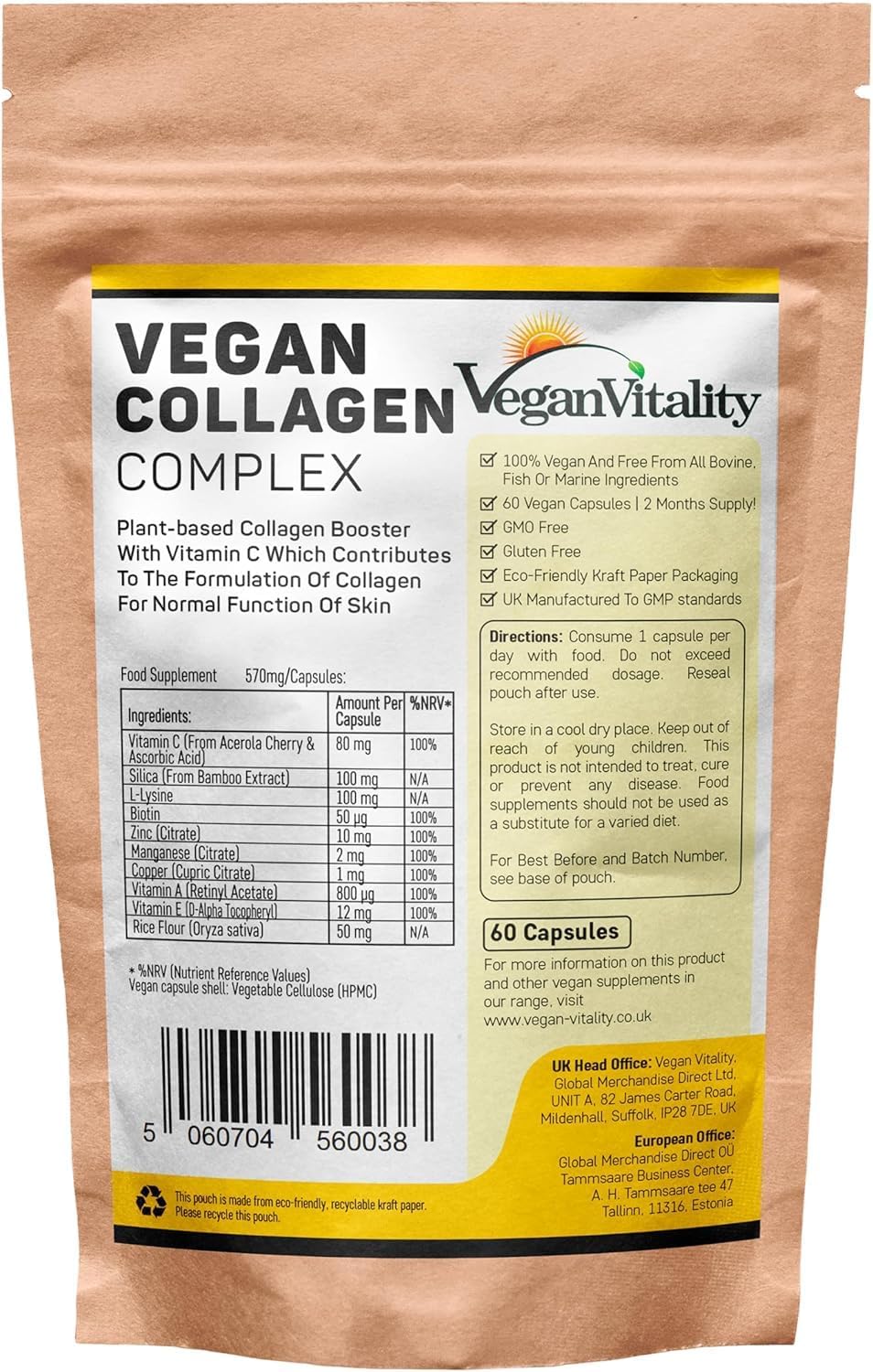 Vegan Collagen with Biotin, Lysine, Bamboo Silica, Zinc, Vitamin C, E & A. Collagen Supplements for Women 2 Months Supply. for Hair, Nails, Joints & Bones.