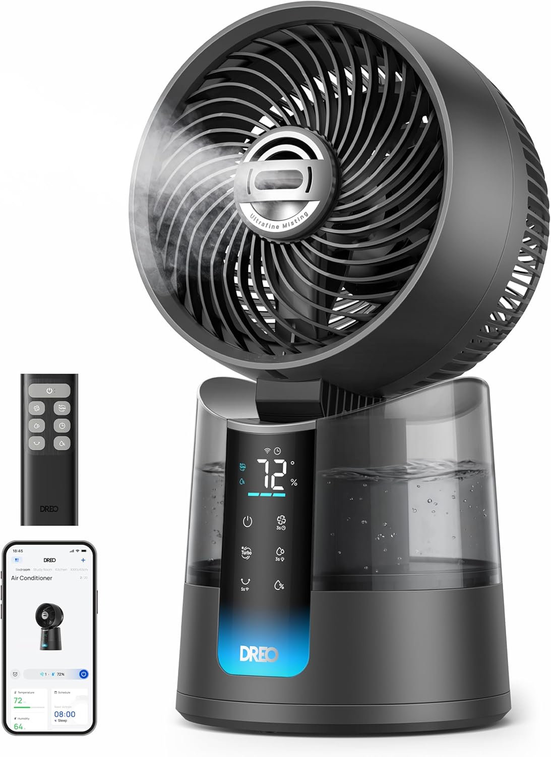 DREO TurboCool Misting Fan 516S, 150°+30° Omni-directional Oscillating Smart Cooling Fans that Blow Cold Air, 26 ft/s, Ultrafine Mist, 20dB, 1.3L, 6 Speeds 2 Modes, Remote & APP Control, Indoor, Grey