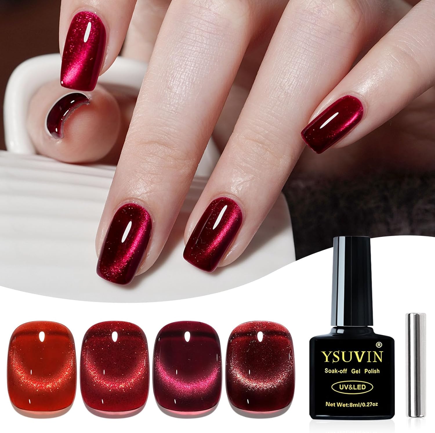 Yueshop Cat Eye Gel Nail Polish, 4 Colors Crystal Jelly Burgundy Cherry Red DarkRed Glitter red Gel Nail Polish Set with Magnet,red gel Polish Soak Off UV LED Nail Art Varnish Kit For Women,8ml