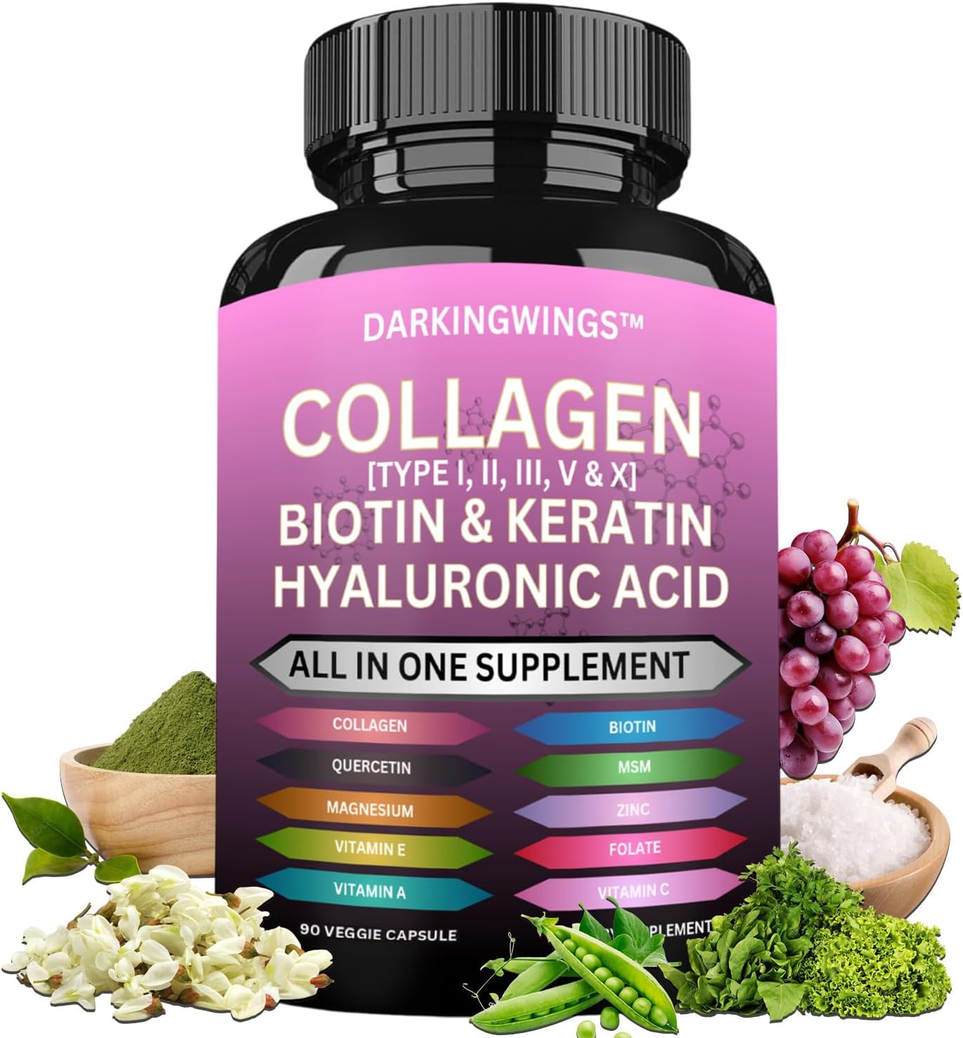 Collagen Pills Peptides Types I, II, III, V & X MCG Biotin Keratin Hyaluronic Acid MSM Vitamin A Vitamin C Vitamin E Zinc Magnesium with Grape Seed Extract, Quercetin - Hair Skin and Nails Vitamins