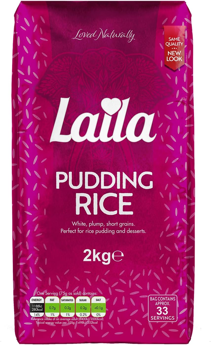 Laila Pudding Rice 2Kg Pack, Short Grain Pudding Rice for Milk Pudding & Rice Pudding, Plump Short Grain Rice for Desserts, Gluten Free Rice Pudding Rice