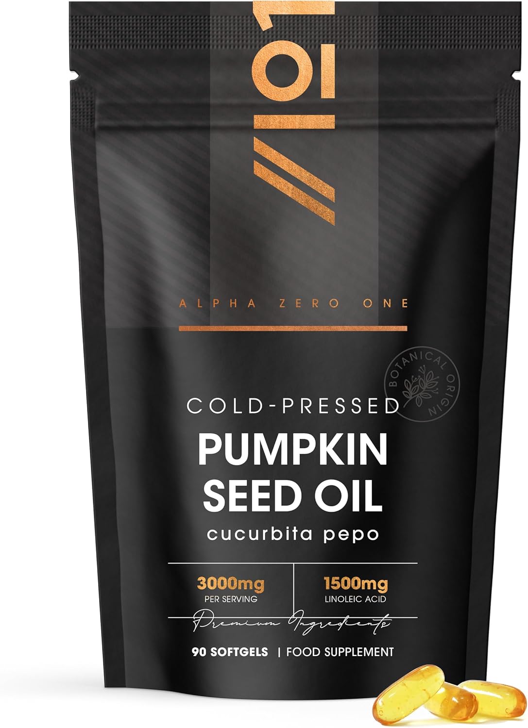 Pumpkin Seed Oil 3000mg – 50% Linoleic Acid – 90 Softgels – 100% Cold Pressed – No Additives – Resealable and Recyclable Pouch by Alpha01
